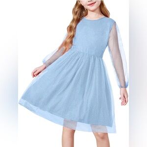 Blue Kids Dress with Sheer Sleeves